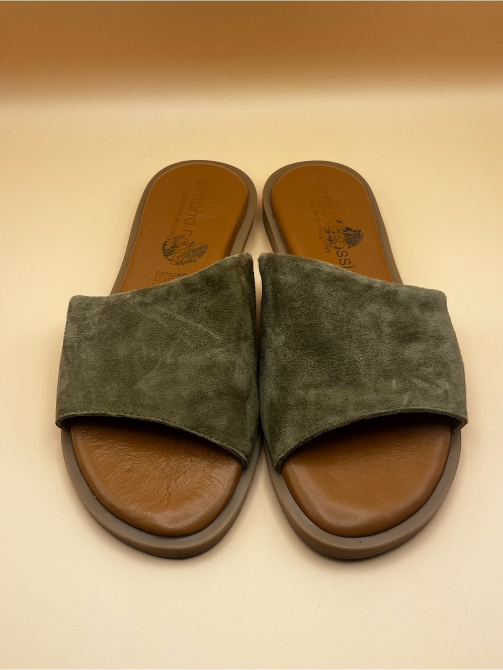 Suede Slide Sandals in Olive with Padded Footbed